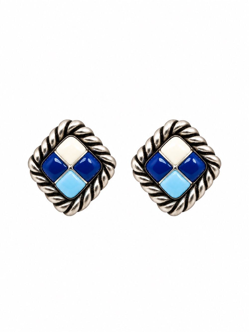 Brighton Cabana Blue/White Mosaic Mini Post Stud Earrings NWT Square/Diamond - Picture 5 of 6